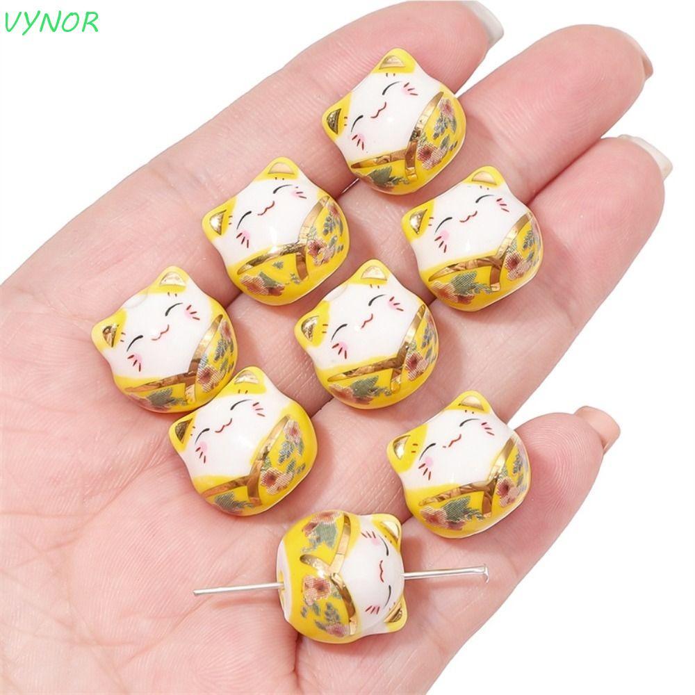 VYNOR ลูกปัดแมว พลูตัส, ลูกปัด Cat Kitty Maneki-eko, สร้อยคอแฟชั่นสร้อยข้อมือแต่งหน้าเซรามิก DIY เคร