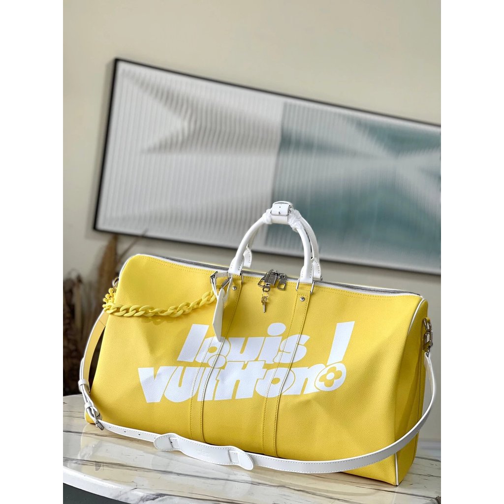 Louis Vuitton สีเหลืองกระเป๋าเดินทางหนัง KEEPAL 50 ไหล่ Duffel กระเป๋าการเดินทางเพื่อธุรกิจกระเป๋าเด