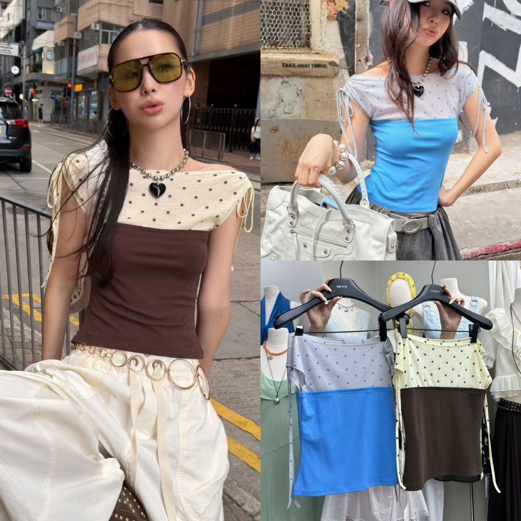 ❤ 🧵 🇰🇷 SU269 เสื้อปาดไหล่ ท่อนบนแต่งลายจุด แต่งเป็น้าสองสี ช่วงไหล่มีเชือกมัดโบว์ ทรงพอดีตัว แฟชั่นเกาหลี TAG MM Fish 🧡