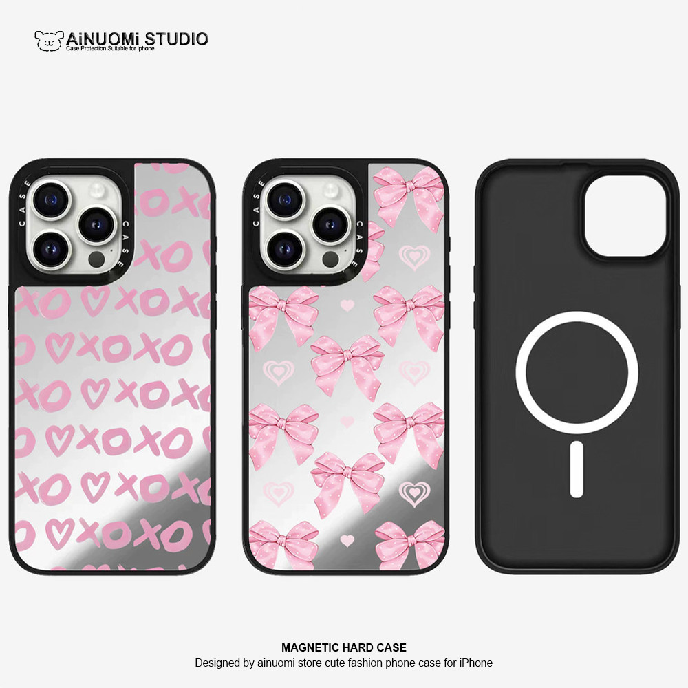 กระจกแม่เหล็ก สีชมพูรักโบว์ Hard Anti fall เคสโทรศัพท์สําหรับ iPhone 16 Pro Max 16 Plus 15 Pro Max 16 15 14 13 12 11 กรณี Anti การสั่นสะเทือนอะคริลิคปลอก