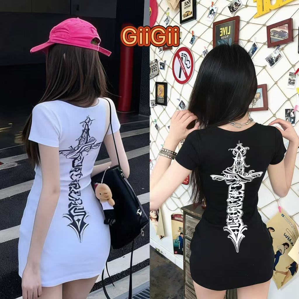 GiiGii ส่งไวจากไทย เสื้อยืดแขนสั้น ลายกางเขน อเมริกันสไตล์ หวานเซ็กซี่
