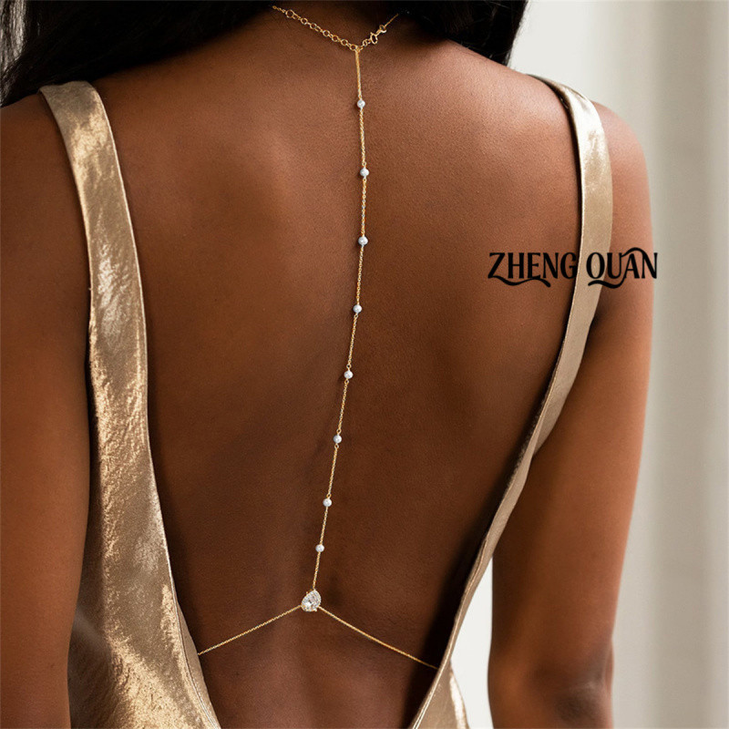 Coquette Delicate Pearl Back Necklace Romantic Teardrop Body Chain วันที่เครื่องประดับกลางคืน