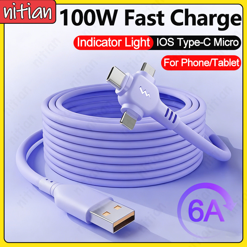 100W Micro USB Type C Fast สายชาร์จ 1 ถึง-3 โทรศัพท์สายเคเบิลข้อมูลพร้อมไฟแสดงสถานะซิลิโคนอ่อนนุ่มขยายสายชาร์จรถสําหรับ IOS/Android