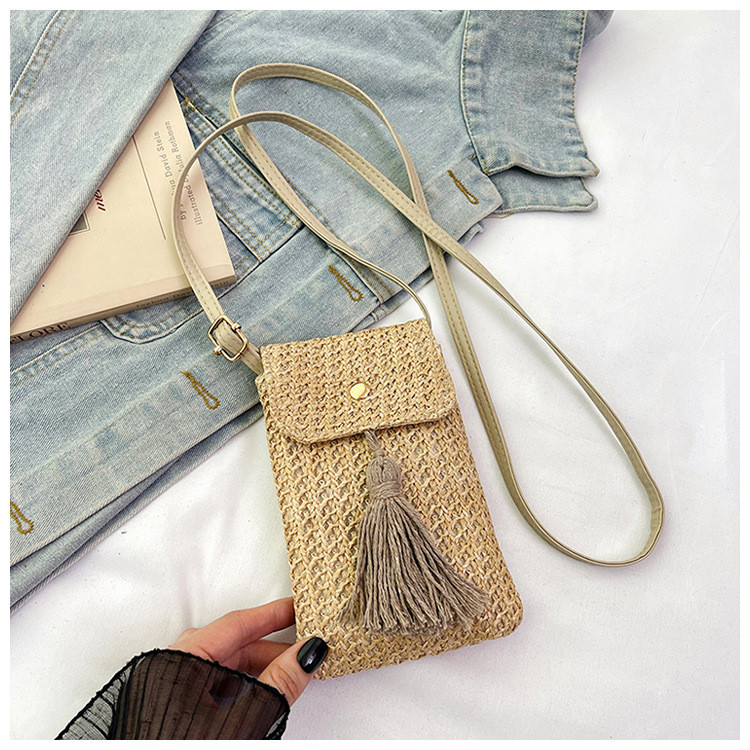 กระเป๋าฟางหญิง 2024 Mini Niche Mobile Phone Bucket Bag Seaside Vacation Beachทอกระเป๋าMessenger LYAJ