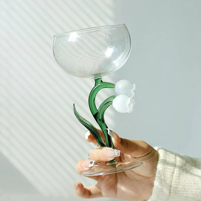Handmade Glass Lily of the Valley Goblet Creative Water Cup Vintage lily of the valley high borosili
