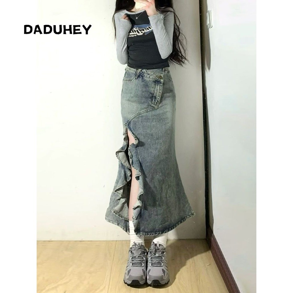 daduhey 2026 Spring and Summer New Retro Washed Do the Old Cowboy Skirt Women's High Waist Slimming 
