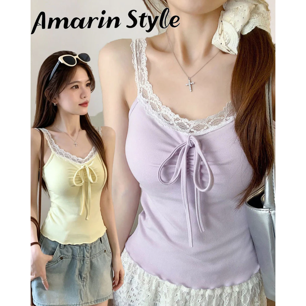 Amarin🌸พร้อมส่ง🌸 เสื้อสายเดี่ยว แต่งสายลูกไม้ โบว์อกสวย มีฟองน้ำในตัว น่ารัก สไตล์เกาหลี FY6209