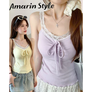 Amarin🌸พร้อมส่ง🌸 เสื้อสายเดี่ยว แต่งสายลูกไม้ โบว์อกสวย มีฟองน้ำในตัว น่ารัก สไตล์เกาหลี FY6209