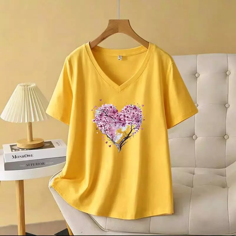 เสื้อยืดแขนสั้นผู้หญิง สไตล์อเมริกัน รุ่นใหม่ คอวี ทรงหลวม ฤดูร้อน ใส่สบาย ดูผอม ชุดลำลองสุดทันสมัย สื้อยืดผู้หญิงทุกวัน