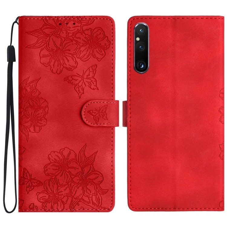 Cherry Blossom Butterfly Skin Feel นูน PU เคสโทรศัพท์สําหรับ Sony Xperia 10 VII/Sony Xperia 1 V/Sony