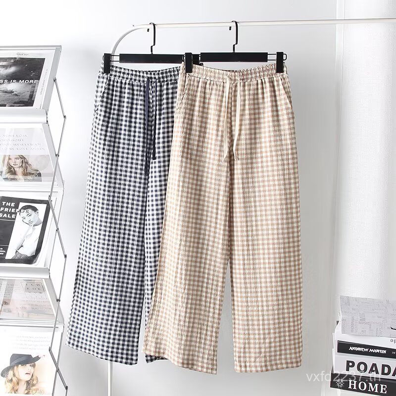 สไตล์ใหม่ สไตล์ใหม่476165กางเกงลําลองญี่ปุ่นเอวยางยืดเดี่ยว Seersucker ตรงหลวม 2025 ฤดูร้อนลายสก๊อต 