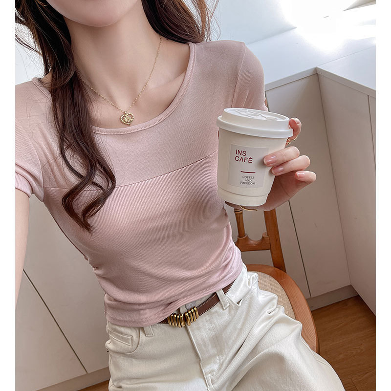 [RJ] คัดสรรสินค้าคุณภาพ Lyocell Tencel เสื้อยืดแขนสั้นสำหรับผู้หญิงฤดูร้อน ทรงเพรียวพอดีตัว รอบคอมีความกระชับและสวยงาม สไตล์เกาหลี