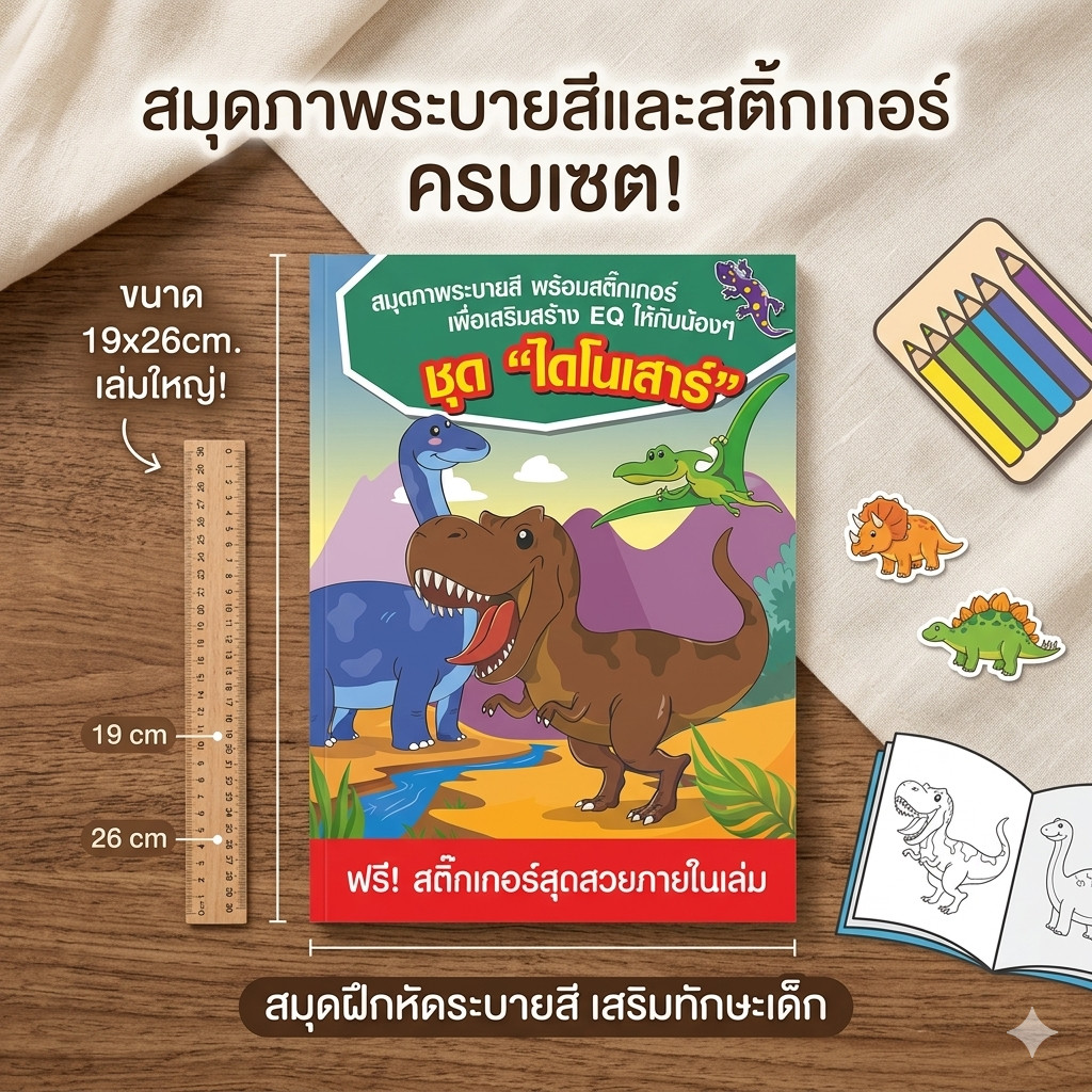 สมุดภาพระบายสีและสติ้กเกอร์ ชุดไดโนเสาร์ ขนาด 19x26cm. สมุดฝึกหัด สมุดระบายสี (DBA313)