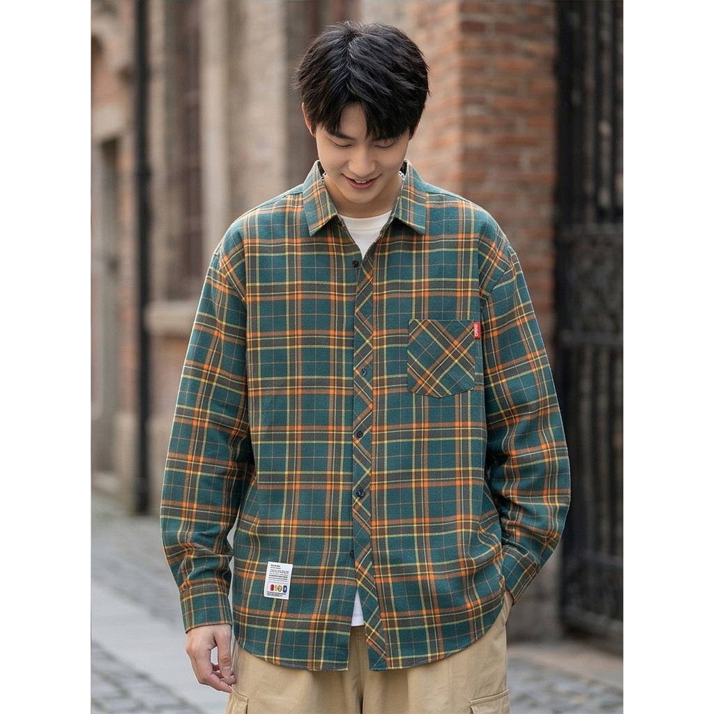 WMA4005 เสื้อเชิ้ตลายสก๊อตแขนยาวคอปก กระดุมหน้า มีกระเป๋า สไตล์เกาหลี ดีไซน์ย้อนยุคคลาสสิก แมทช์ง่าย