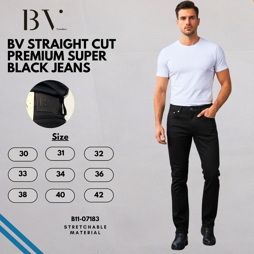 BV Travellers Mens Straight Cut Stretchable Premium Super Black Denim Jeans B11-07183-99