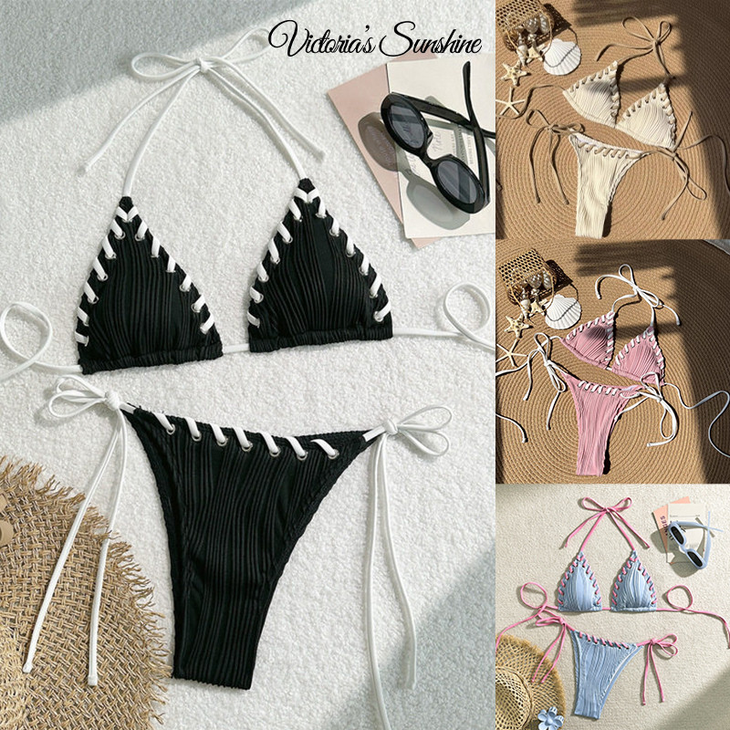sexy bikini ชุดว่ายน้ำผู้หญิง ins มีฟองน้ำ เปิดหลัง คอคล้องคอ ดีไซน์ที่เป็นเอกลักษณ์ วันหยุดพักผ่อนริมทะเล#0466