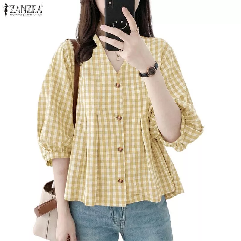 ZANZEA เสื้อลายสก๊อตทรงหลวม คอวี สไตล์ลำลองแบบเกาหลี