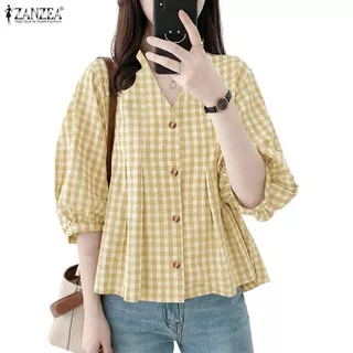 ZANZEA เสื้อลายสก๊อตทรงหลวม คอวี สไตล์ลำลองแบบเกาหลี