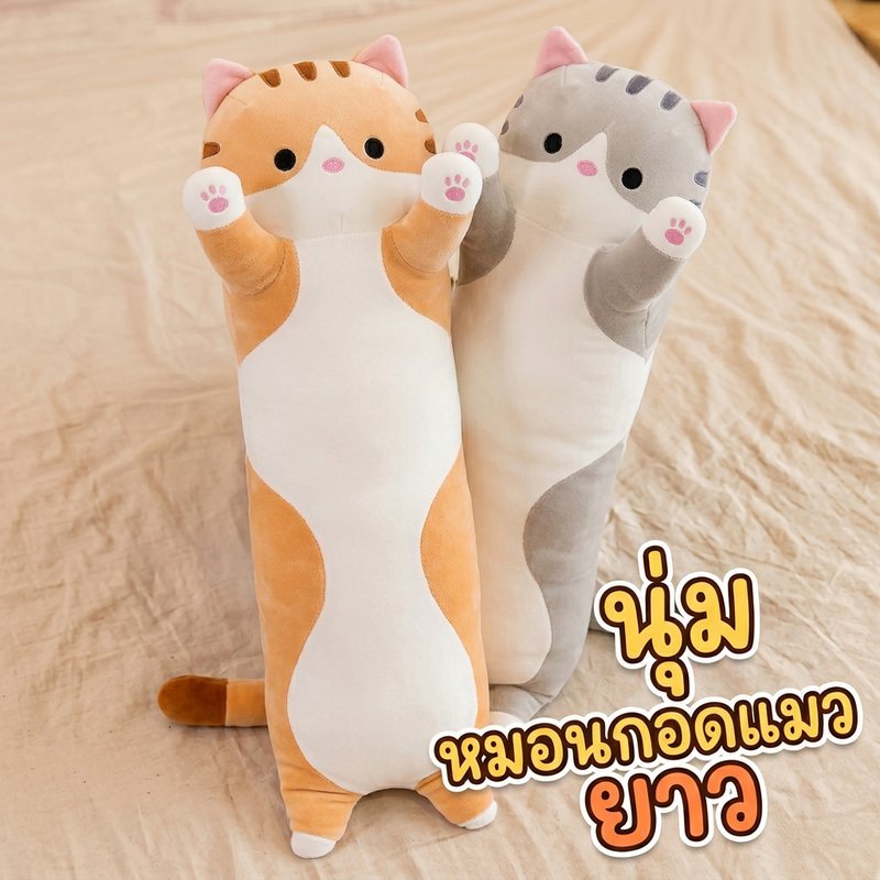 หมอนตุ๊กตาแมวยาวตุ๊กตาสัตว์กํามะหยี่นุ่มนอนเบาะเด็กของขวัญสีเหลืองสีเทา
