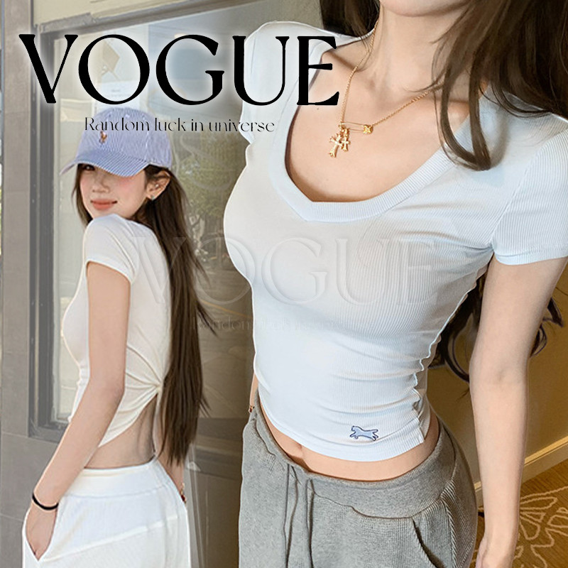 Vogue🌟พร้อมส่ง🌟 เสื้อยืดรัดรูปแขนสั้น คอยูสีพาสเทล ดีเทลเปิดหลัง ใส่ได้ทุกวัน (FY2134)