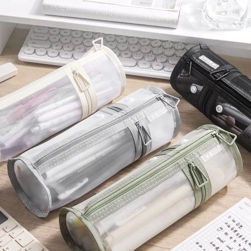 COZII โปร่งใสตาข่ายดินสอขนาดใหญ่ความจุ Flip-Top สีทึบผู้ถือปากกาแบบพกพาเครื่องเขียนเก็บกระเป๋า