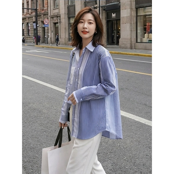 เสื้อเชิ้ตลายทางคอปกแขนยาว CTB2790 ทรงโอเวอร์ไซส์หลวมๆ ใส่ได้ทุกลุค ทั้งสายมินิมอลหรือสายออฟฟิต แมทช