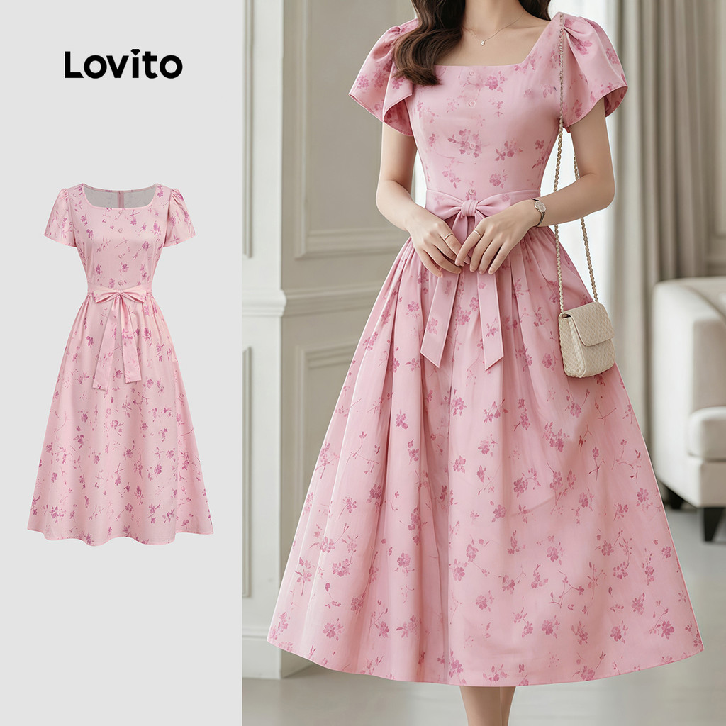 Lovito เดรสลําลองซิปผูกเชือกฤดูใบไม้ผลิ/ฤดูร้อนสําหรับผู้หญิง L178LD042