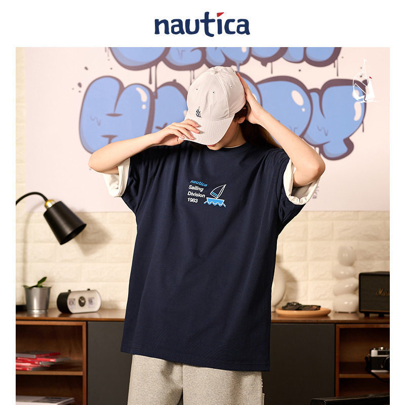 สต๊อกพร้อมNautica White Sail สไตล์ญี่ปุ่น Unisex Simple Loose Short Sleeved เสื้อยืดคอกลม