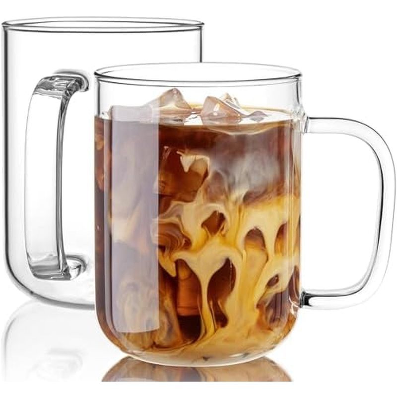 Glass Coffee Mugs, 20 oz Ice coffee cups, Large Clear Tea Cups Set of 2, Glass Mugs with Handles, Gl