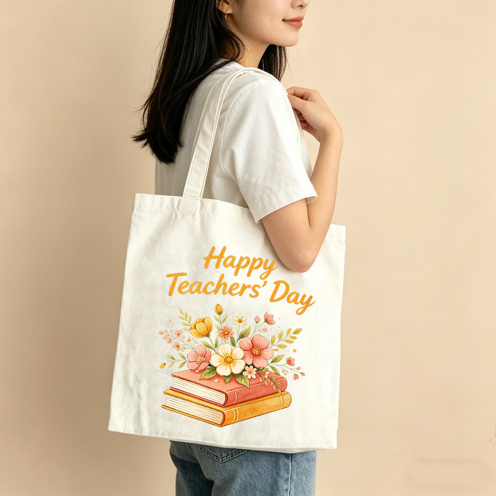 Beg Hari Guru / Teachers Day - Happy Teachers Day Floral Book Canvas Tote Bag, Beg Canvas for Cikgu,