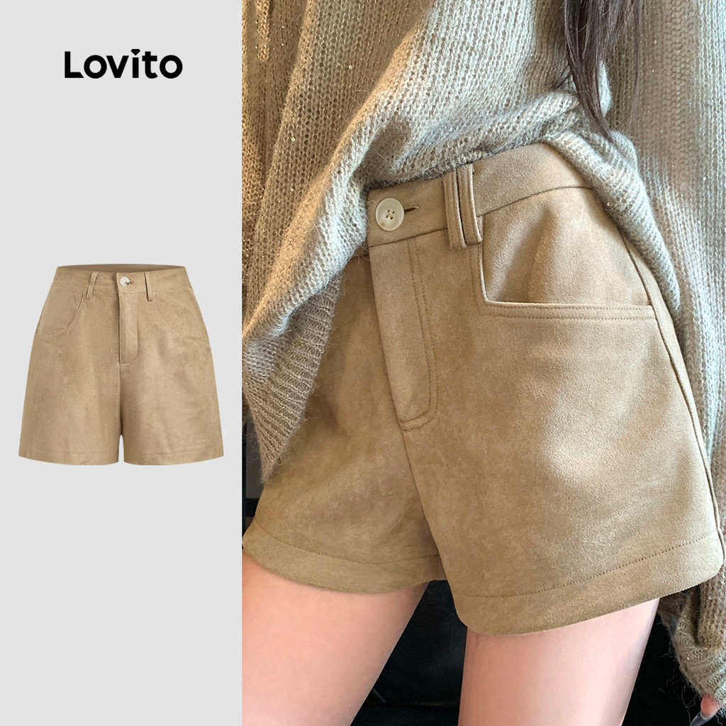 Lovito กางเกงขาสั้นลําลองผู้หญิงสําหรับฤดูใบไม้ผลิ/ฤดูร้อน แบบเรียบง่าย สีคากี LK3ATD072