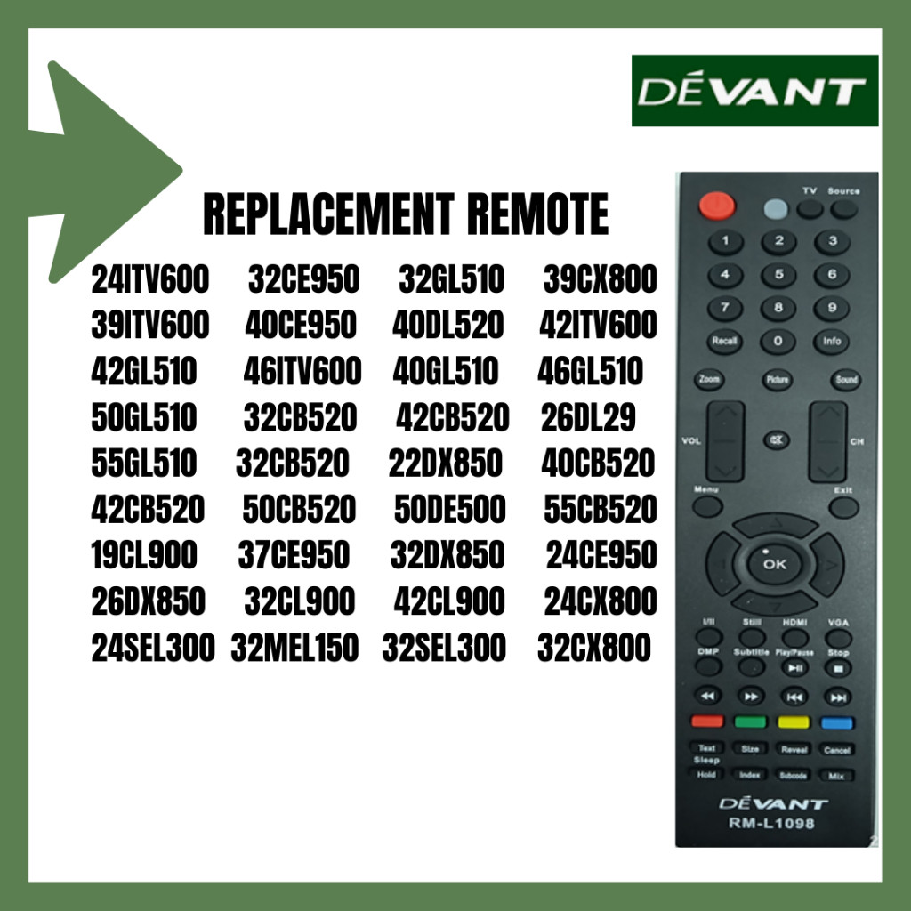 รีโมทคอนโทรลไฟฟ้า - 24ITV600/ 32CE950/ 32GL510/ 39CX800/ 39ITV600/ 40CE950/ 40DL520/ 40GL510/ 42