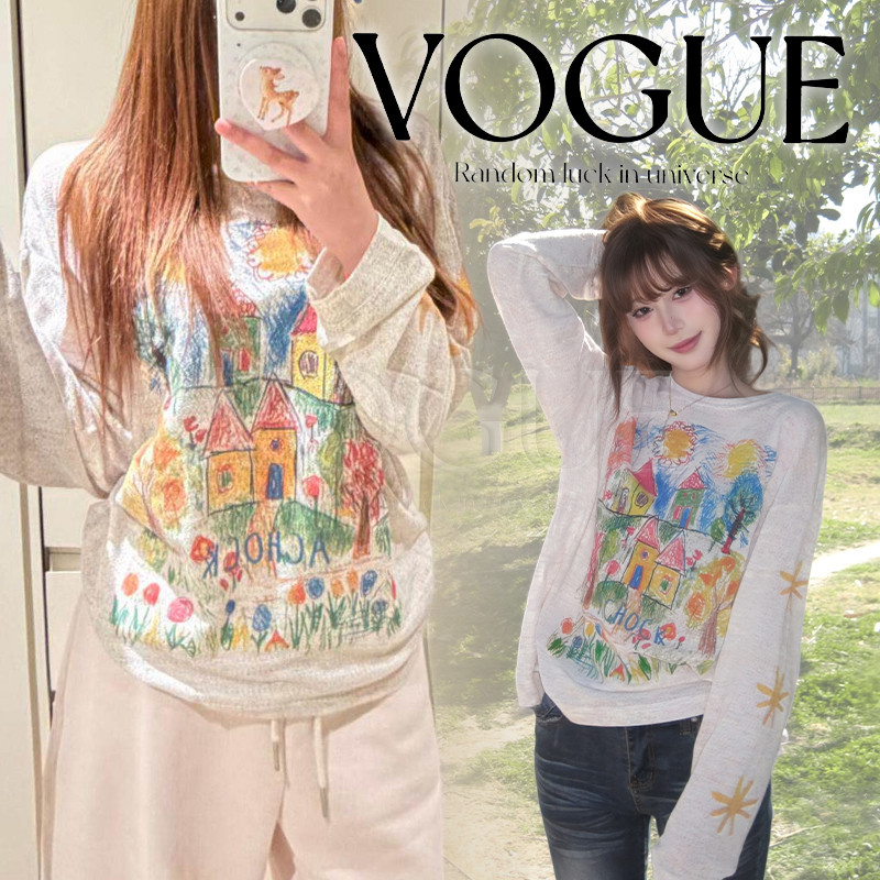 Vogue🌟พร้อมส่ง🌟 เสื้อซีทรูแขนยาวคอกลม ทรงโอเวอร์ไซส์ ลายระบายสีน่ารักๆ ใส่สบาย (FY2149)