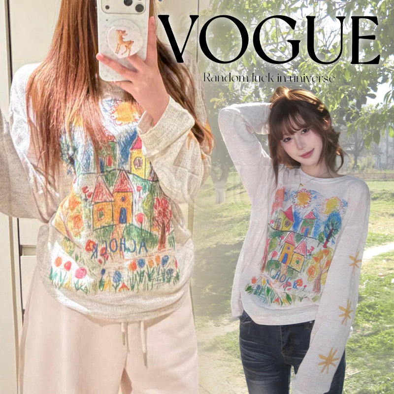Vogue🌟พร้อมส่ง🌟 เสื้อซีทรูแขนยาวคอกลม ทรงโอเวอร์ไซส์ ลายระบายสีน่ารักๆ ใส่สบาย (FY2149)