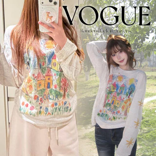 Vogue🌟พร้อมส่ง🌟 เสื้อซีทรูแขนยาวคอกลม ทรงโอเวอร์ไซส์ ลายระบายสีน่ารักๆ ใส่สบาย (FY2149)