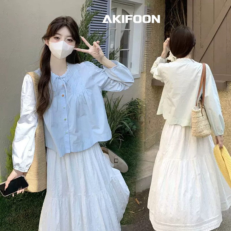 BG#เสื้อเบลาส์คอกลมแต่งลูกไม้จีบผูกด้านหน้าสำหรับผู้หญิงดีไซน์อ่อนโยนและดูอ่อนเยาว์ หลวมและเข้ารูปเหมาะสำหรับการสวมใW618