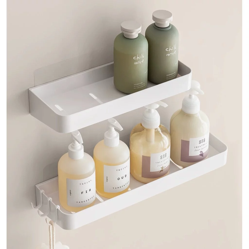 Omocha | Plastic Wall Shelf ชั้นวางของติดผนัง ไม่ต้องเจาะ ติดกาว สำหรับห้องน้ำ/ห้องครัว มินิมอล
