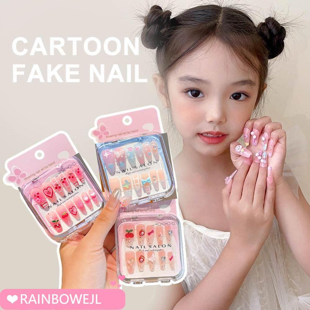 RAINBOWEJL เด็กสวมเล็บ, การ์ตูนน่ารักสติกเกอร์เล็บยาว,ร้อนที่ถอดออกได้ Cherry Love Heart เล็บเคล็ดลับสําหรับนักเรียนหญิง