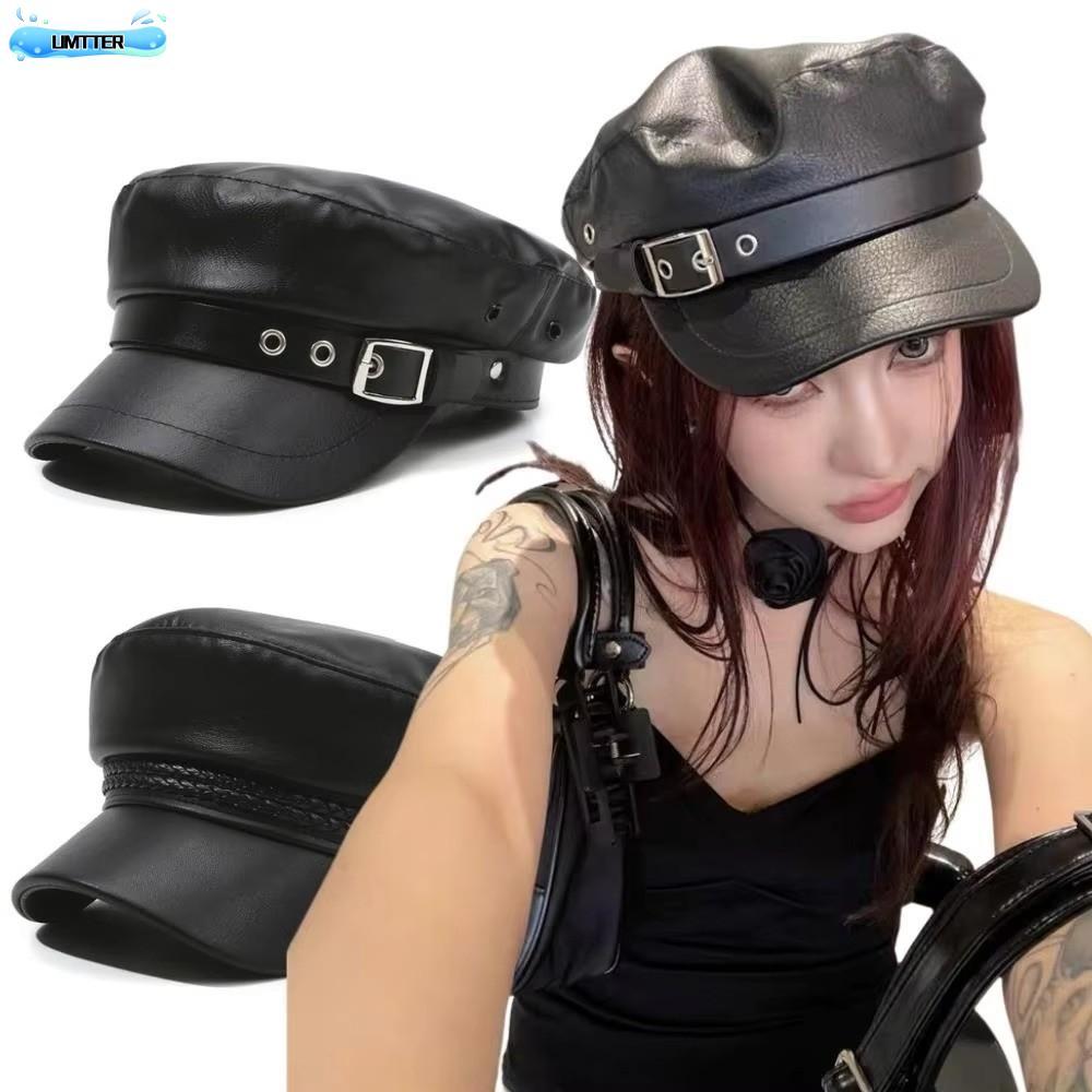 หมวกเบเรต์PUหนังสีดำ สไตล์Retro Punk หมวกNewsboy