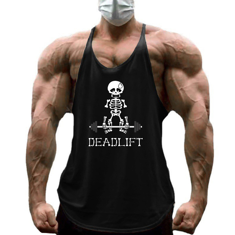 ฤดูร้อนผู้ชายฟิตเนสเพาะกายกล้ามเนื้อเสื้อแขนกุดมนุษย์โครงกระดูก Deadlift Barbell เสื้อกั๊กยิม Breathable Cotton Tank Tops