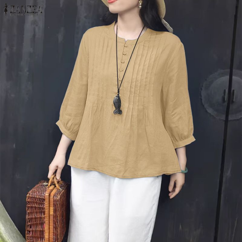ZANZEA เสื้อเชิ้ตสีทึบแขนยาวสไตล์เกาหลีสําหรับผู้หญิง — صورة 6