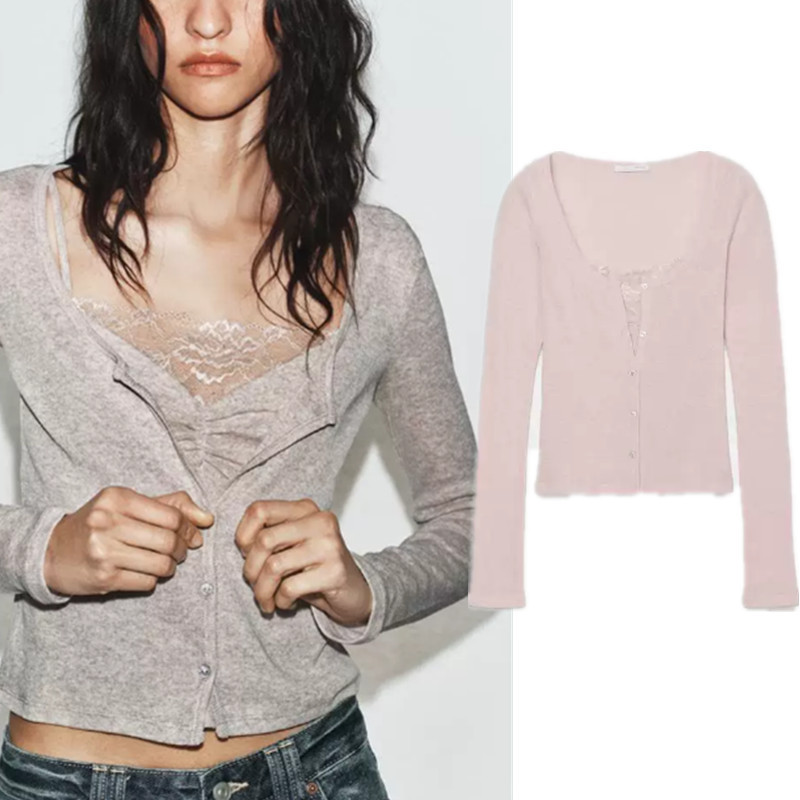 ZA Single-Breasted Multi-Button แขนยาวคอวีลูกไม้เย็บเสื้อแจ็คเก็ตด้านบน 5644315