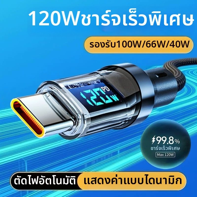 สายชาร์จเร็ว 120W ชาร์จด่วน สายชาร์จ USB C TO Type C สายชาร์จโทรศัพท์ สายถัก มีจอ LED 1m 2m