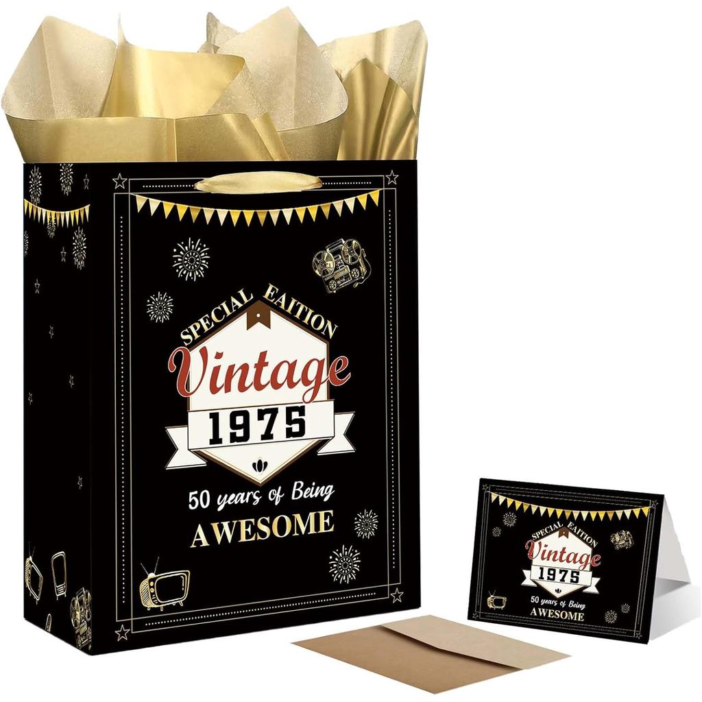 EIGHTSTATES Vintage 1975 Gift Bag Set - Black Gold 50th Birthday Gift Bag with Card and Tissue Paper