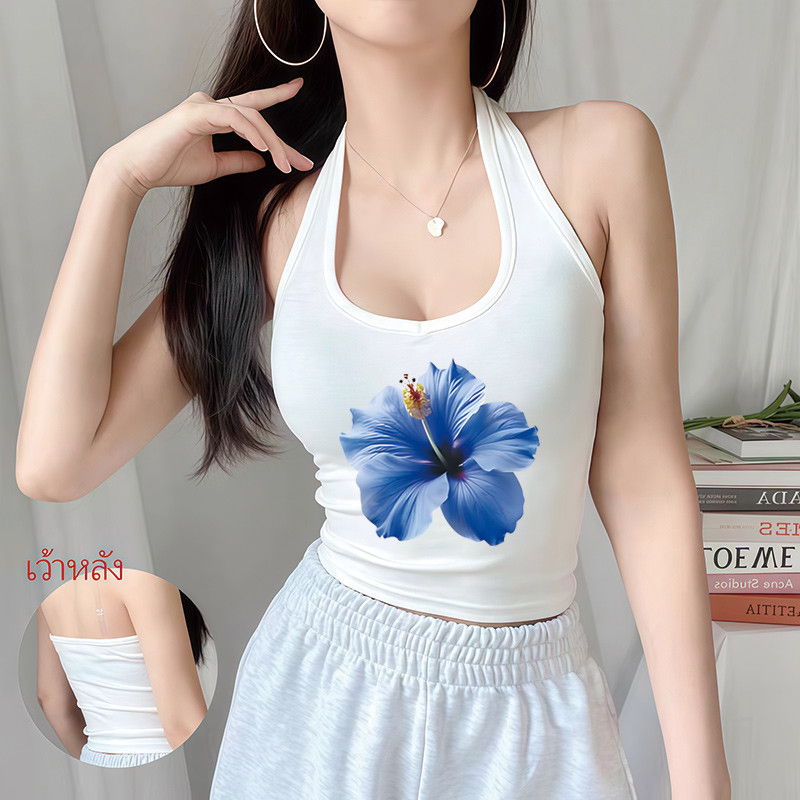 เสื้อฮาล์เตอร์ลายดอกชบาสวยๆ ทรงกระชับสไตล์เกาหลี ยืดหยุ่นไม่เสียรูป ใส่ไปเที่ยวคาเฟ่ได้หลายโอกาส ระบายอากาศได้ดี