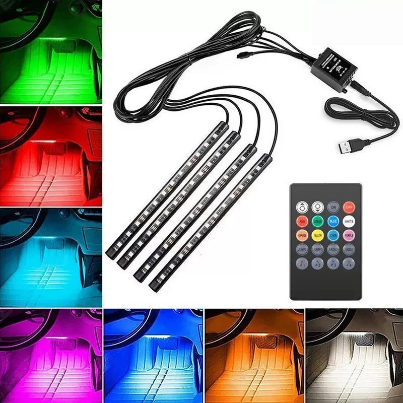 ATCar Ambient Light RGB Strip Light รีโมทคอนโทรลโคมไฟเท้าเซ็นเซอร์เสียงโคมไฟตกแต่ง