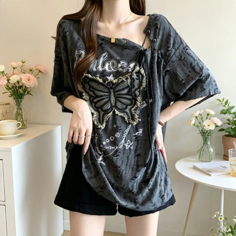 เสื้อตัวบนสไตล์วินเทจอเมริกาสำหรับผู้หญิงไซซ์ใหญ่ มีโบว์ที่ไหล่ เหมาะสำหรับฤดูร้อน ออกแบบให้สวมใส่สบายและยังคงทรงเรียบร้อย