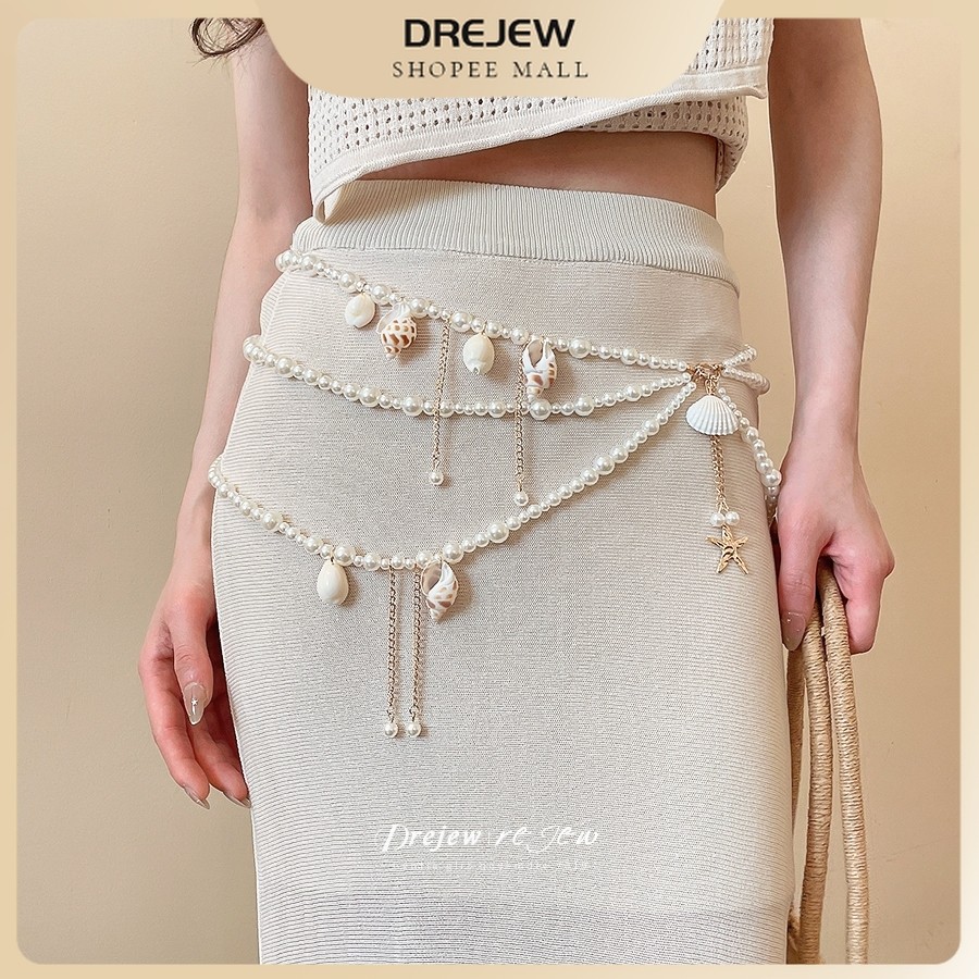 DREJEW โซ่เอวหลายชั้นหอยมุกสไตล์โบฮีเมียน ปรับขนาดได้ เหมาะไปทะเลไปเที่ยวชุดว่ายน้ำประจำวัน