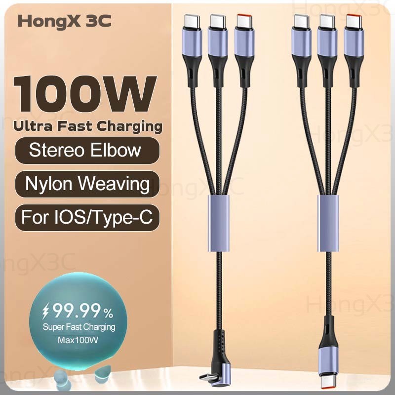 100W Ultra Fast สายชาร์จข้อมูล 3-in-1 USB-C ถึง IOS/Type C/Micro สายชาร์จโทรศัพท์สเตอริโอข้อศอกไนลอนทอ 1.5 M สายชาร์จสําหรับโทรศัพท์/แท็บเล็ต