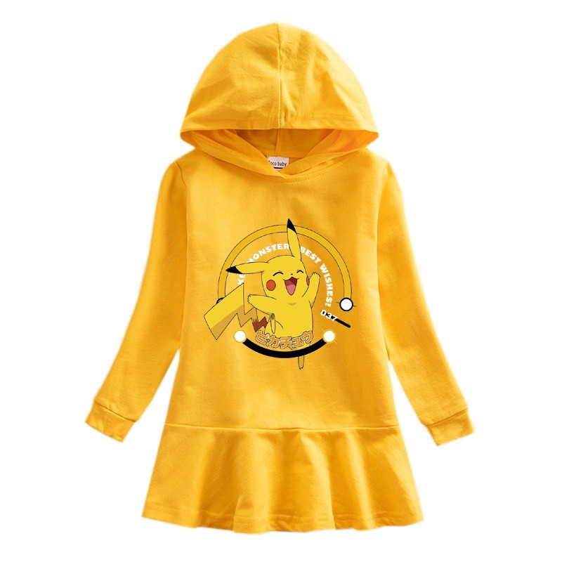 SB8 เด็กผู้หญิงอะนิเมะการ์ตูน Pokemon Pikachu พิมพ์ Hooded Dress เจ้าหญิงจีบ Rainbow แขนยาวชุดลําลอง